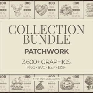 Könnte beinhalten: Ein Grafik-Bundle mit dem Text "COLLECTION BUNDLE PATCHWORK 3,600+ GRAPHICS PNG SVG ESP DXF". Das Bild zeigt Patchwork-Designs wie ein vierblättriges Kleeblatt, einen Hirschkopf, ein Herz, einen Truthahn und Teetassen. Das Thema ist Patchwork.