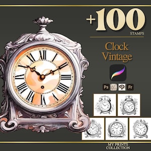 Clock Vintage Procreate Stamps & Photoshop Brushes – 100+ Object Transport Tattoo, Illustration, Line Art, Stencil, Brush Pack