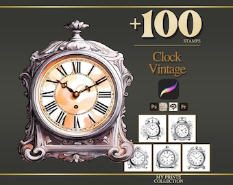 Clock Vintage Procreate Stamps & Photoshop Brushes – 100+ Object Transport Tattoo, Illustration, Line Art, Stencil, Brush Pack