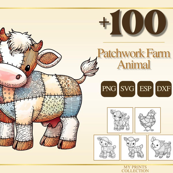 Boerderijdieren patchwork PNG-bundel – 100+ modequilttextuur, Cricut- en silhouetbestanden, SVG, DXF, Eps – zeer fijne tekeningen, stencil, Digital Craft