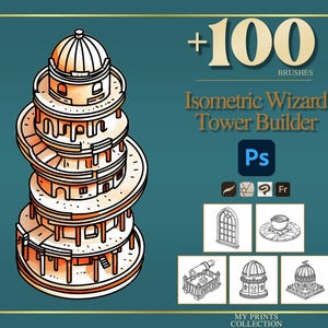May include: An illustration of an isometric wizard tower with a spiral design, in shades of orange and white. The image includes the text "+100 Brushes" and "Isometric Wizard Tower Builder" with Photoshop and other icons.