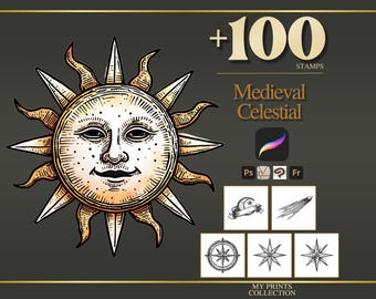 Celestial Medieval Procreate Stamps & Photoshop Brushes – 100+ Woodcut Tattoo, Digital Art, Clipart, Line Art, Brush Pack