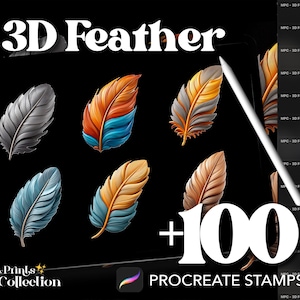 Puede incluir: Una ilustración digital de plumas 3D en varios colores y estilos. La imagen incluye el texto "3D Feather +100 Procreate Stamps".