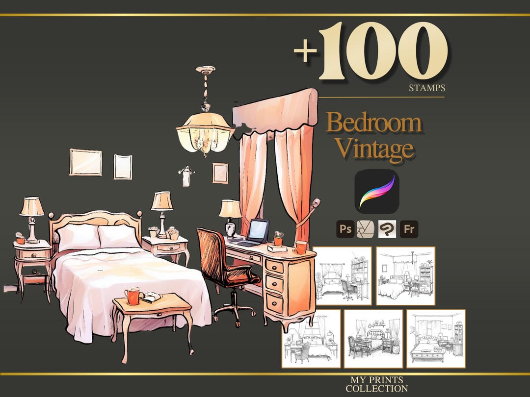 Bedroom Vintage Procreate Stamps & Photoshop Brushes – 100+ Interior ...