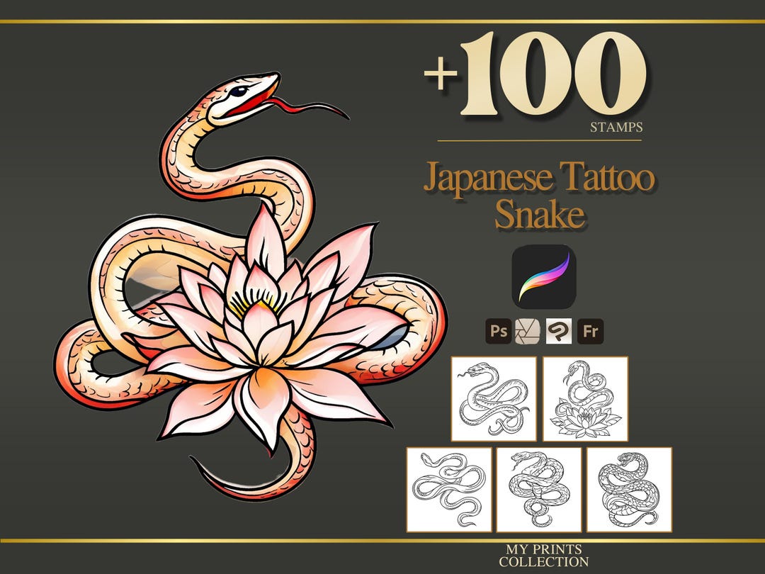 Snake Japanese Tattoo Procreate Stamps & Photoshop Brushes – 100 ...