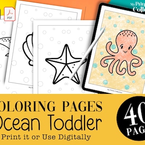 40 Ocean Coloring Pages, Coloring Book for Kids Toddler, Instant PDF Download Printable Sheets, Birthday Gift, Wedding, Crayon Procreate