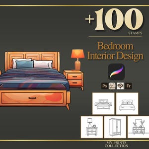 Könnte beinhalten: Ein digitales Illustrationsset mit 100 Stempeln für Schlafzimmer-Inneneinrichtung. Das Bild zeigt ein Holzbettgestell mit einer blau-violett gemusterten Tagesdecke, zwei passende Nachttische und eine Lampe. Enthält Symbole für Procreate, Photoshop und andere Software.