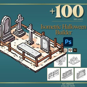 Puede incluir: Gráfico de Isometric Halloween Builder con una escena de cementerio, con lápidas, cruces y una valla de madera. La imagen incluye el texto "+100 Brushes" y "Isometric Halloween Builder" sobre un fondo turquesa.