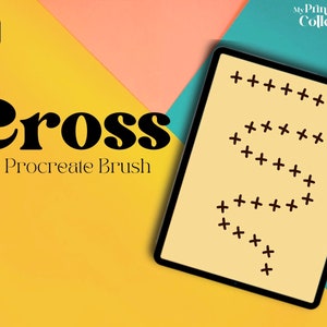 Puede incluir: Una ilustración digital de un pincel de Procreate llamado "Cross" en la pantalla de una tableta. El pincel es una simple forma de cruz y se muestra usándose para crear un patrón de cruces sobre un fondo amarillo claro.