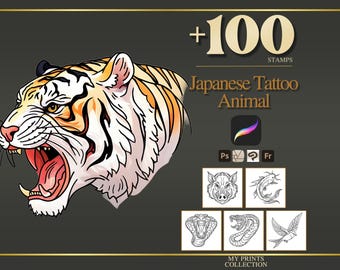 Animal Japanese Tattoo Procreate Stamps & Photoshop Brushes – 100+ Tattoo, Digital Art, Clipart, Line Art, Brush Pack