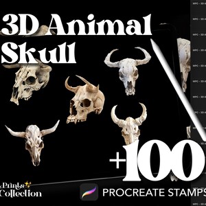Może przedstawiać: Cyfrowa ilustracja ekranu tabletu, na którym wyświetlana jest kolekcja grafik 3D czaszek zwierząt. Na ekranie wyświetlany jest tekst "3D Animal Skull +100 Procreate Stamps". Obraz jest produktem cyfrowym do użycia z aplikacją Procreate.
