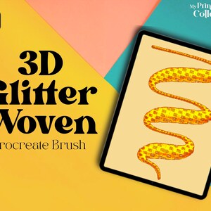Könnte beinhalten: Eine digitale Illustration eines 3D-Glitzer-Gewebepinsels für Procreate. Der Pinsel ist gelb und orange und hat die Form einer Schlange.