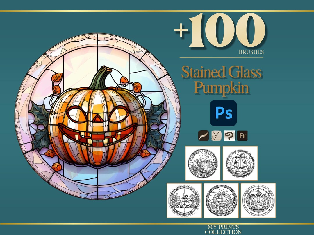 Stained Glass Pumpkin Halloween Photoshop Brushes & Procreate Stamps ...