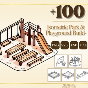 Op de afbeelding: Isometric park- en speeltuinbouw illustraties. De afbeelding toont een speeltuin met een schommel, glijbaan en banken. De afbeelding bevat ook pictogrammen voor PNG-, SVG-, ESP- en DXF-bestandsformaten. De tekst luidt "+100 Isometric Park & Playground Build-".