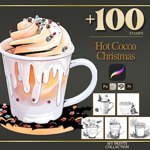 Hot Cocoa Christmas Procreate Stamps & Photoshop Brushes – 100+ Tattoo, Drawing, Digital Art, Clipart, Line Art, Brush Pack