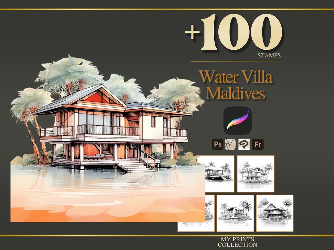Maldives Villa Procreate Stamps & Photoshop Brushes – 100+ Place House ...
