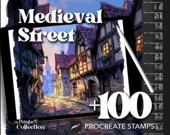 Más de 100 sellos Procreate de calles medievales: Interior y paisaje (descarga digital)