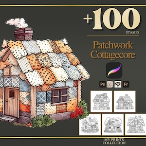 Könnte beinhalten: Illustration eines Cottage mit Patchwork-Dach und -Wänden. Der Text "+100 Stamps" und "Patchwork Cottagecore" sind enthalten. Zusätzliche kleine Bilder des Cottage werden angezeigt.
