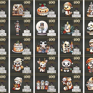 Peut inclure: Une collection de personnages et d'objets illustr&eacute;s sur le th&egrave;me de No&euml;l, dont une sir&egrave;ne, une maison en pain d'&eacute;pices, un g&acirc;teau, un oiseau, un sapin de No&euml;l, une caravane, un casse-noisette, un globe de neige, une bougie, un poussin, un dragon, une grenouille, un monstre, un elfe, un hibou, un cerf, un squelette, un P&egrave;re No&euml;l, un bonhomme de neige et une chaussette.