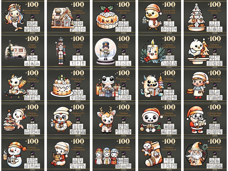 Peut inclure: Une collection de personnages et d'objets illustr&eacute;s sur le th&egrave;me de No&euml;l, dont une sir&egrave;ne, une maison en pain d'&eacute;pices, un g&acirc;teau, un oiseau, un sapin de No&euml;l, une caravane, un casse-noisette, un globe de neige, une bougie, un poussin, un dragon, une grenouille, un monstre, un elfe, un hibou, un cerf, un squelette, un P&egrave;re No&euml;l, un bonhomme de neige et une chaussette.