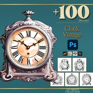 Klocka Vintage Photoshop-penslar och Procreate-stämplar – 100+ objekttransporttatueringar, digital konst, clipart, linjeteckningar, schabloner
