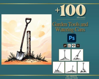 Garden Tools and Watering Cans Photoshop Brushes & Procreate Stamps, 100+ Watering Can and Trowel Stamps, Cottagecore Digital Download