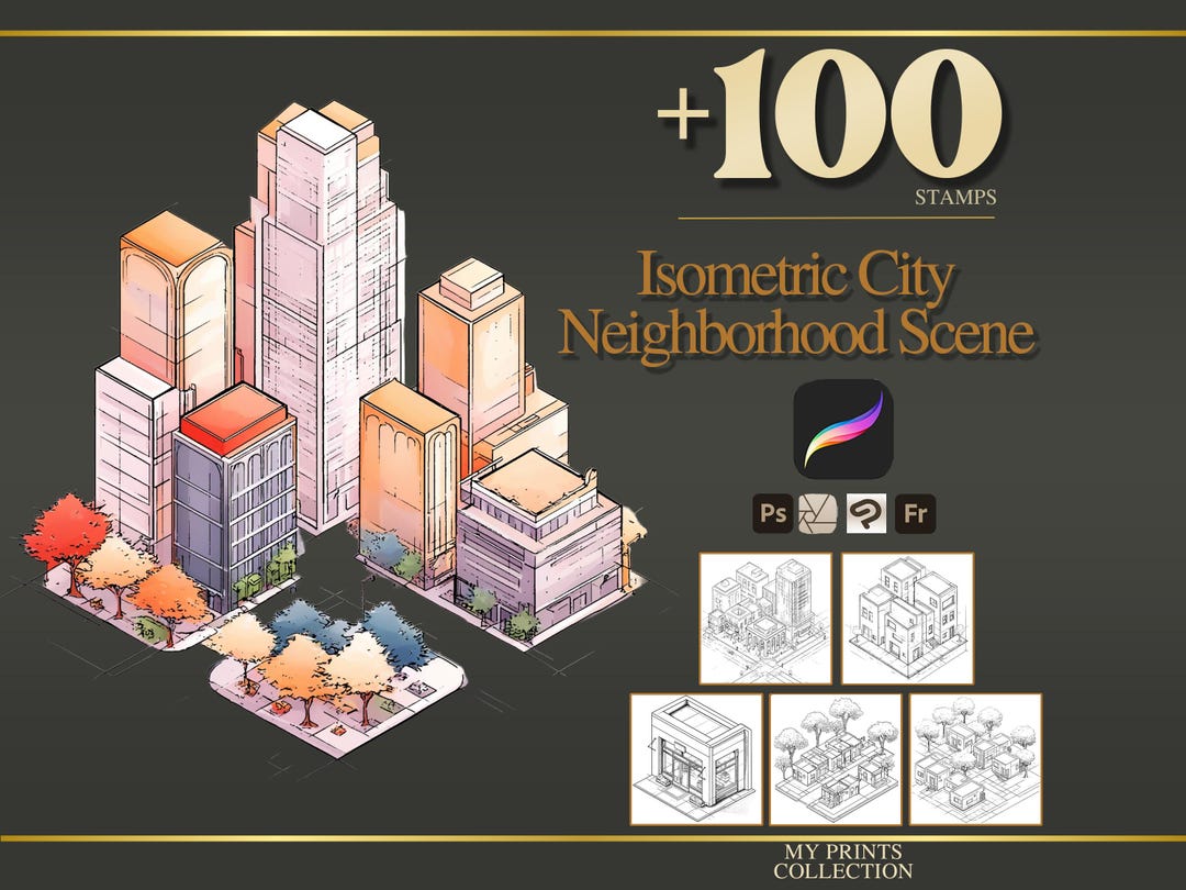 Isometric City Neighborhood Scene Procreate Stamps & Photoshop Brushes ...