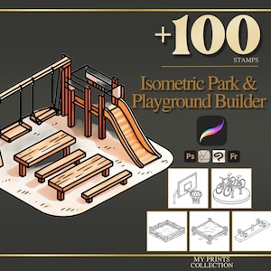 May include: Isometric illustration of a playground with swings, a slide, and benches. The image includes the text "+100 STAMPS Isometric Park & Playground Builder" and icons for Procreate, Photoshop, and other design software.