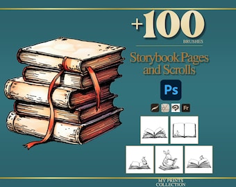 May include: A digital illustration of a stack of five books with red bookmarks on a teal background. Text reads +100 BRUSHES Storybook Pages and Scrolls, Ps, and My Prints Collection. Five small square icons show black and white line art of open books.