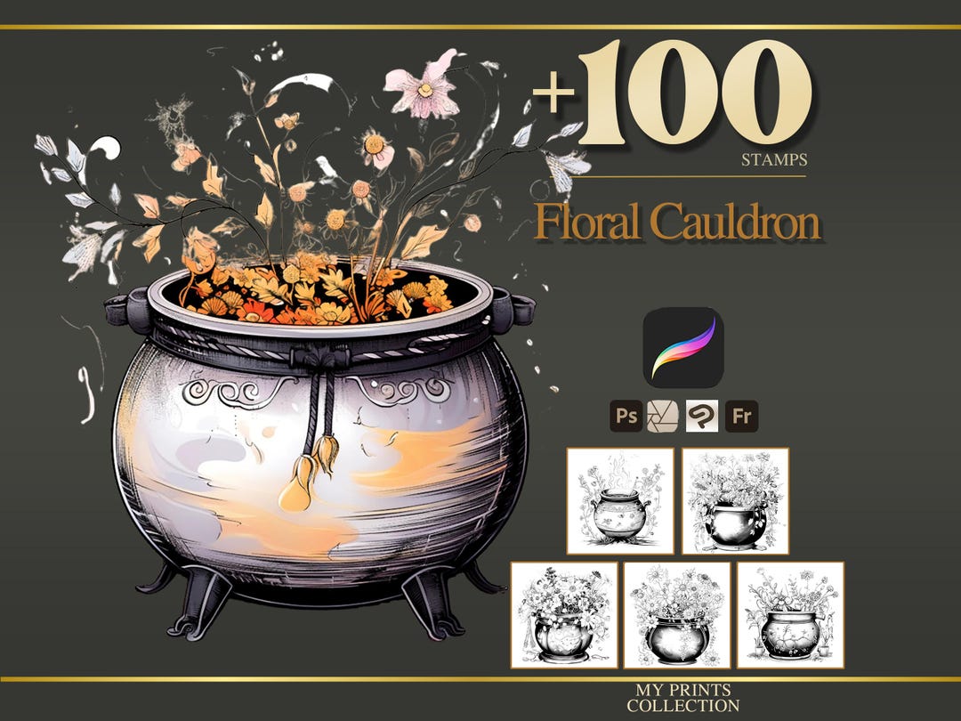 Floral Cauldron Halloween Procreate Stamps & Photoshop Brushes – 100 ...