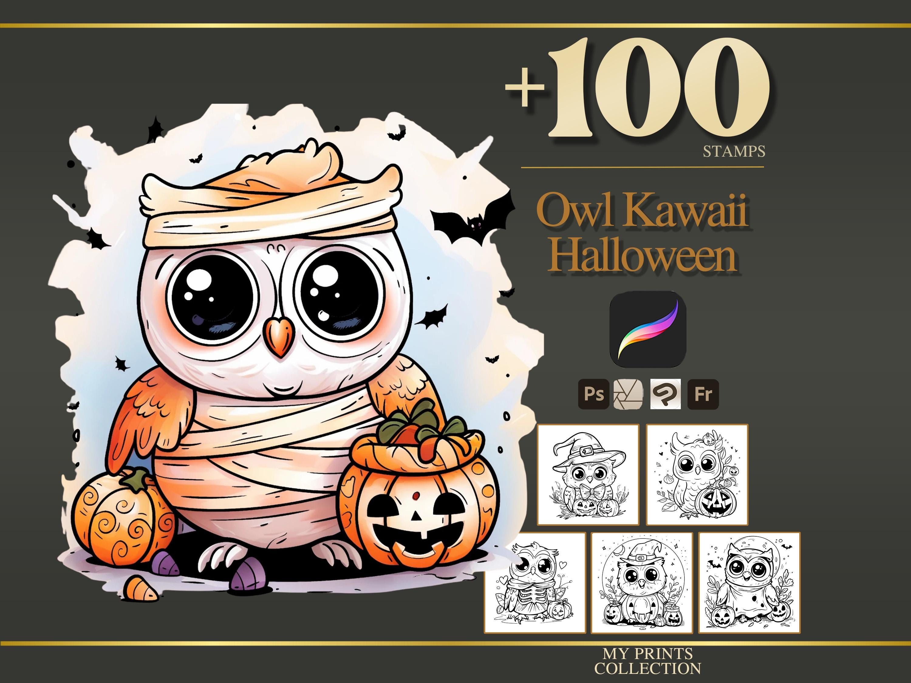 Owl Kawaii Halloween Procreate Stamps & Photoshop Brushes &ndash; 100+ Tattoo, Drawing, Digital 