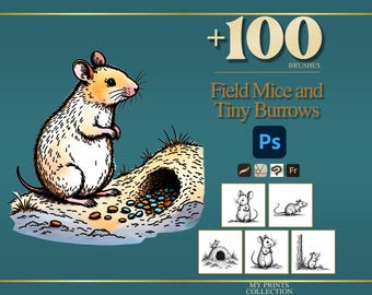 Field Mice and Tiny Burrows Photoshop Brushes & Procreate Stamps, 100+ Tiny Mice and Burrow Stamps, Cottagecore Digital Download