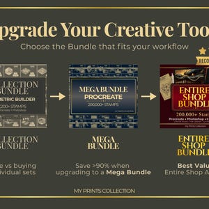 May include: An advertisement for creative tools bundles. The image shows three product bundles: Collection Bundle, Mega Bundle, and Entire Shop Bundle. Each bundle includes stamps for Procreate and Photoshop. The Entire Shop Bundle is recommended.