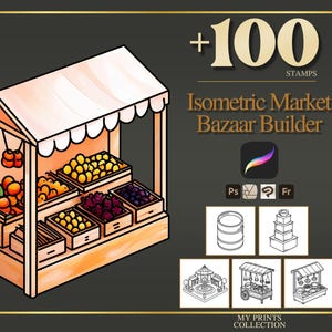 May include: Isometric market stall illustration with a white awning, displaying various fruits in wooden crates. The image includes the text "+100 STAMPS" and "Isometric Market Bazaar Builder".