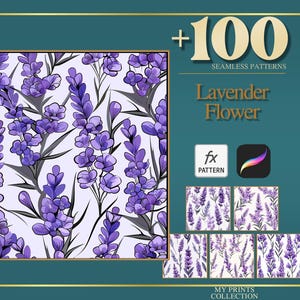 May include: Digital artwork of a lavender flower pattern. The design features purple lavender flowers and grey leaves on a white backdrop. The image includes the text "+100 SEAMLESS PATTERNS" and "Lavender Flower".