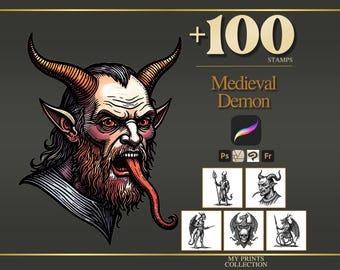 Demon Medieval Procreate Stamps & Photoshop Brushes – 100+ Woodcut Tattoo, Digital Art, Clipart, Line Art, Brush Pack