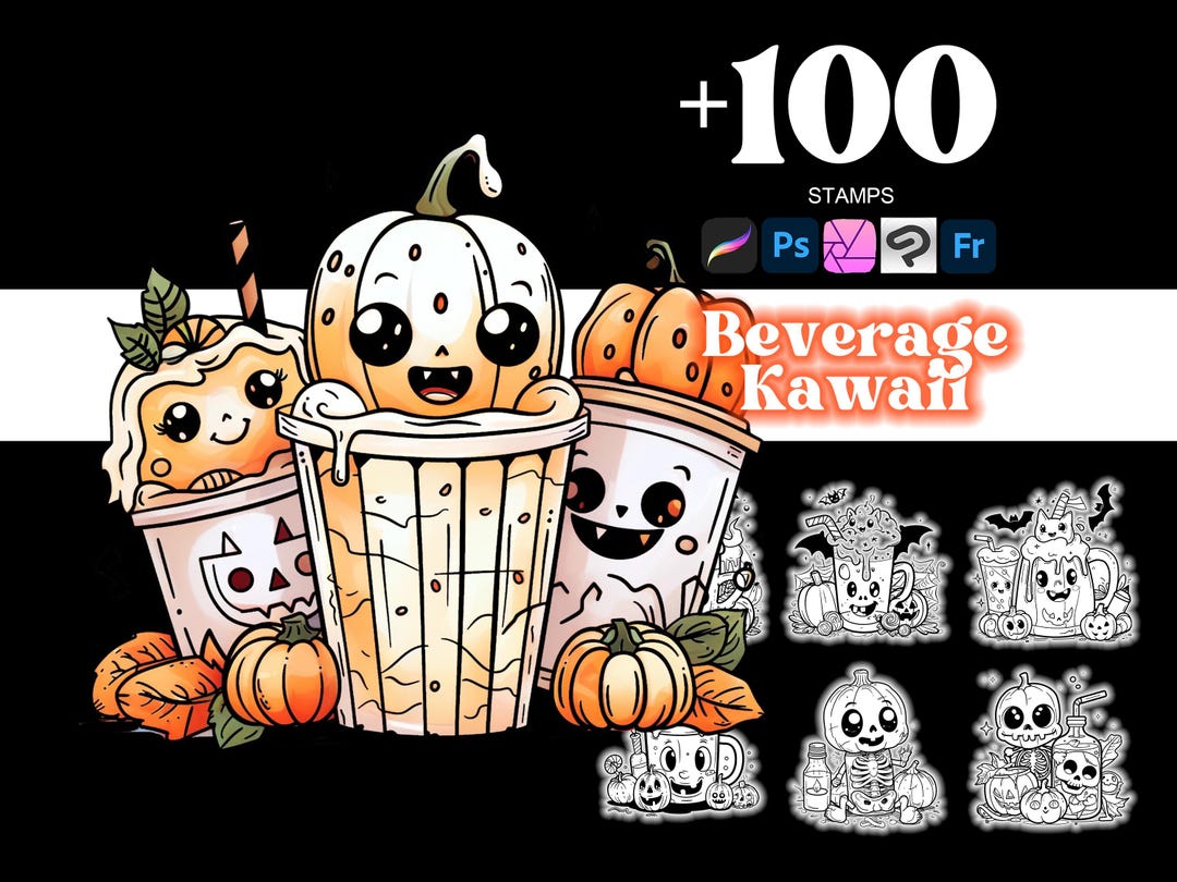 100+ Beverage Kawaii Halloween Procreate Stamps Set & Photoshop Brushes ...