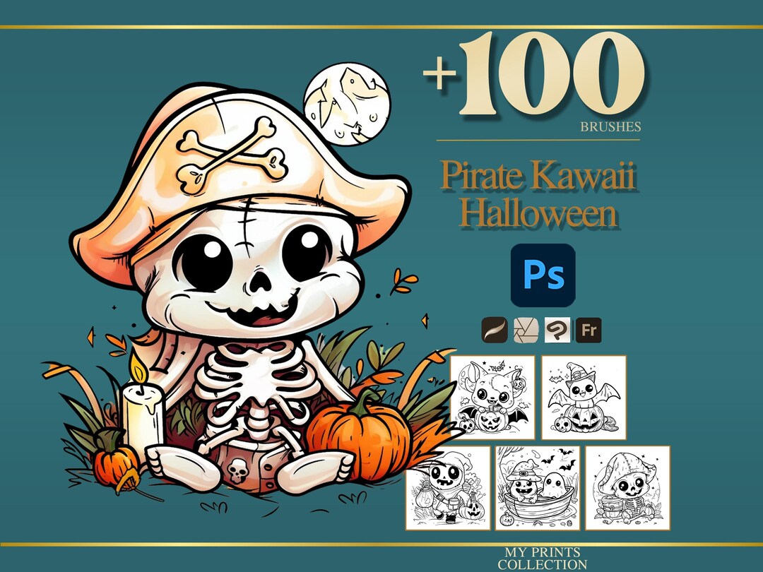 Pirate Kawaii Halloween Photoshop Brushes & Procreate Stamps – 100 ...