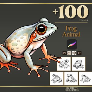 Frog Procreate Stamps & Photoshop Brushes – 100+ Realistic Animal Pet Tattoo, Illustration, Line Art, Stencil, Brush Pack