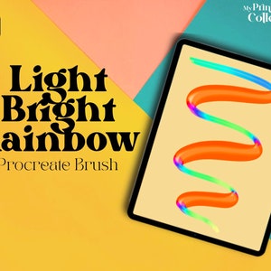 May include: A digital illustration of a rainbow-colored brush stroke on a tablet screen. The text "Light Bright Rainbow Procreate Brush" is displayed on a yellow background.