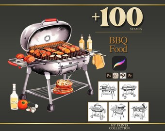 BBQ Food Procreate Stamps & Photoshop Brushes – 100+ Food Beverage Cuisine Coffee Illustration, Line Art, Stencil, Brush Pack
