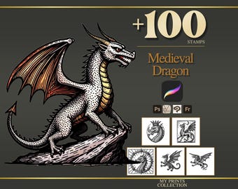 Dragon Medieval Procreate Stamps & Photoshop Brushes – 100+ Woodcut Tattoo, Digital Art, Clipart, Line Art, Brush Pack