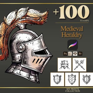 May include: An illustration of a medieval knight's helmet with a feathered plume, part of a collection of 100 stamps. The image includes the text "Medieval Heraldry" and examples of heraldic designs.