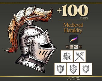 Heraldry Medieval Procreate Stamps & Photoshop Brushes – 100+ Woodcut Tattoo, Digital Art, Clipart, Line Art, Brush Pack