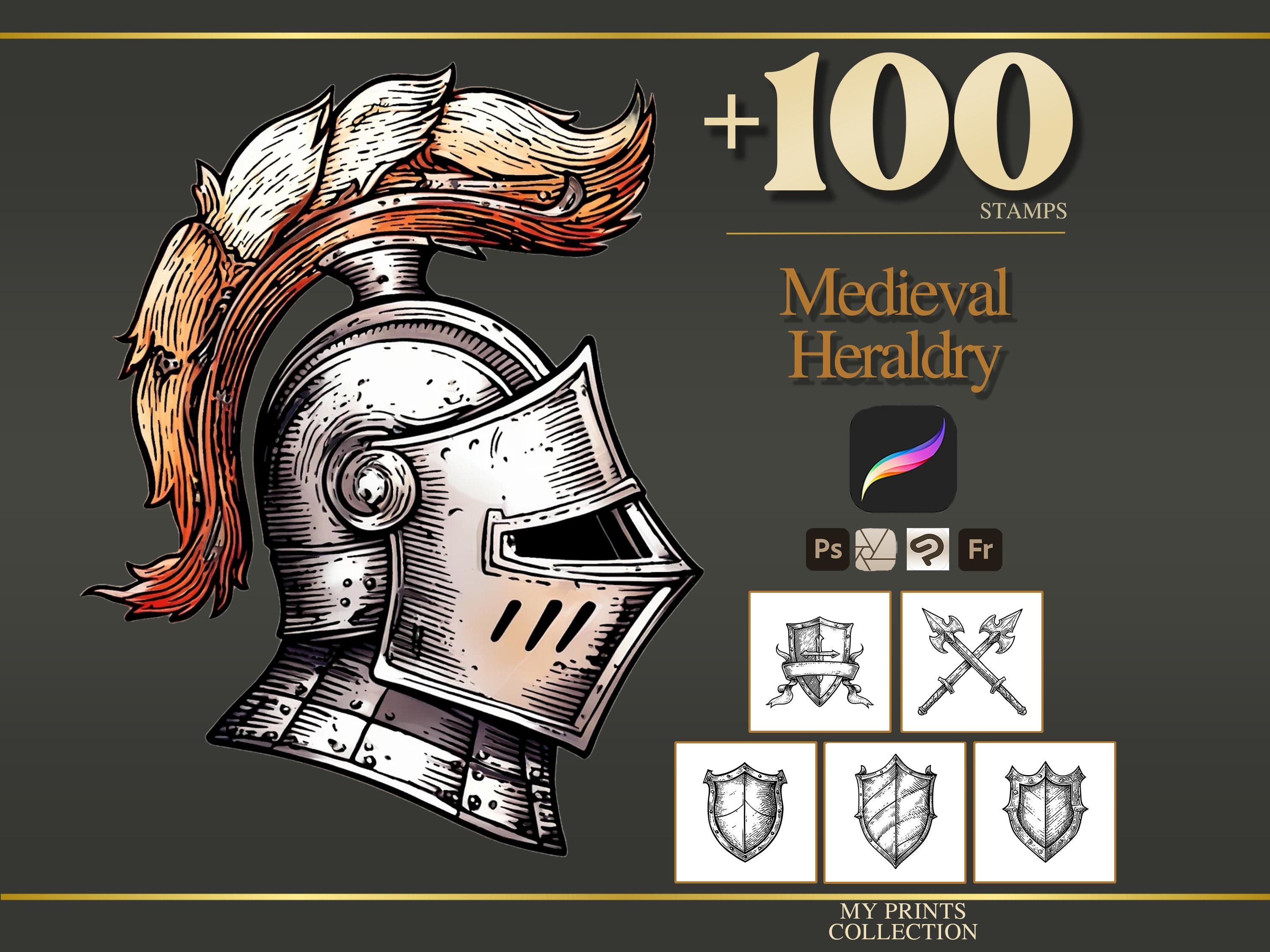 Heraldry Medieval Procreate Stamps & Photoshop Brushes – 100+ Woodcut ...