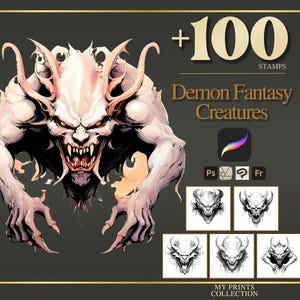 Demon Procreate-stämplar och Photoshop-penslar – 100+ fantasivarelser, tatueringar, illustrationer, linjekonst, stenciler och penselpaket