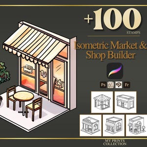 Pode incluir: Carimbos digitais Isometric Market & Shop Builder. A imagem mostra uma ilustração estilizada de uma loja com um toldo listrado, mesa, cadeiras e uma árvore em vaso. O texto diz "+100 STAMPS" e "Isometric Market & Shop Builder".