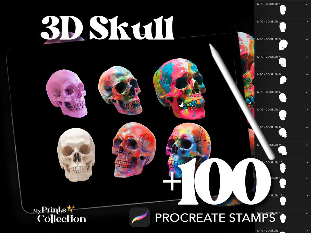 3D Skull Dual Color Procreate Stamp Brushes - 100+ Stamps Brushset for ...