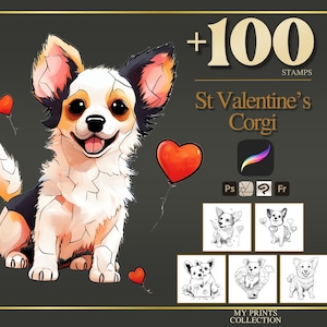 St Valentines Corgi Procreate Stamps & Photoshop Brushes – 100+ Romance Love Holiday Tattoo, Illustration, Line Art, Stencil, Brush Pack