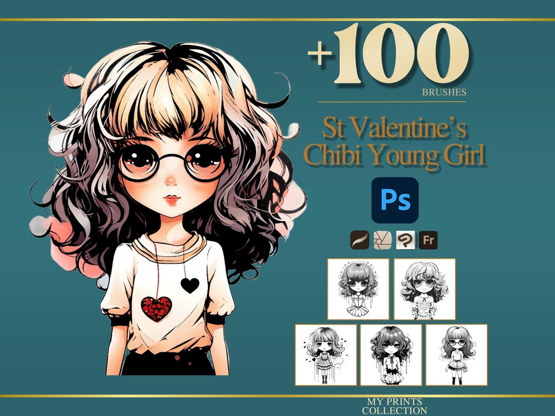 St Valentines Chibi Young Girl Photoshop Brushes & Procreate Stamps ...